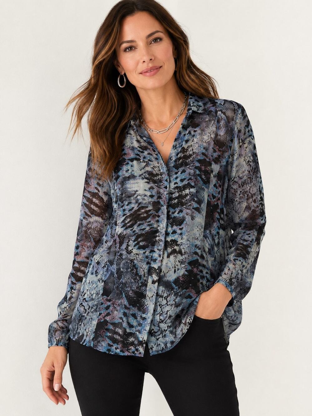 CAbi Women’s XL Semi Sheer Abstract Animal Print Blouse Blue Black Long Sleeve
